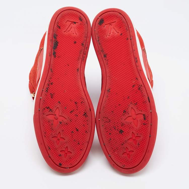 Pre Owned Louis Vuitton Red Leather And Embossed Monogram Suede Millenium Wedge Sneakers Size 39.5
