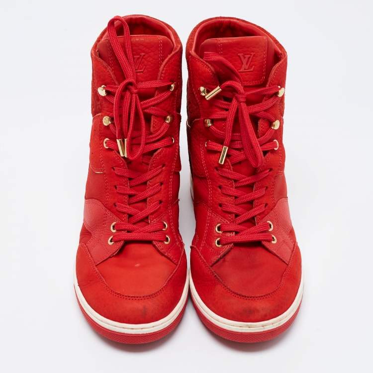 Pre Owned Louis Vuitton Red Leather And Embossed Monogram Suede Millenium Wedge Sneakers Size 39.5