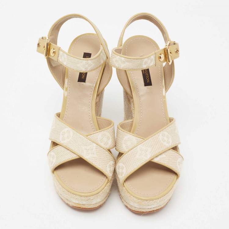 Pre Owned Louis Vuitton Beige Monogram Canvas Formentera Espadrille Wedge Platform Ankle Strap Sandals Size 37.5