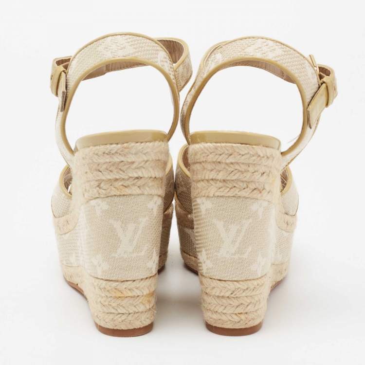 Pre Owned Louis Vuitton Beige Monogram Canvas Formentera Espadrille Wedge Platform Ankle Strap Sandals Size 37.5
