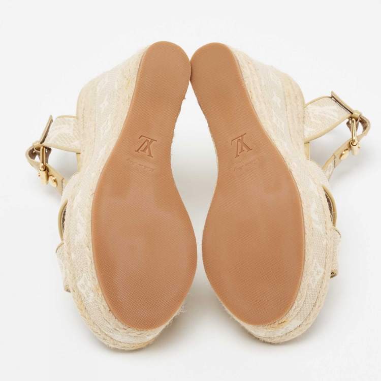 Pre Owned Louis Vuitton Beige Monogram Canvas Formentera Espadrille Wedge Platform Ankle Strap Sandals Size 37.5