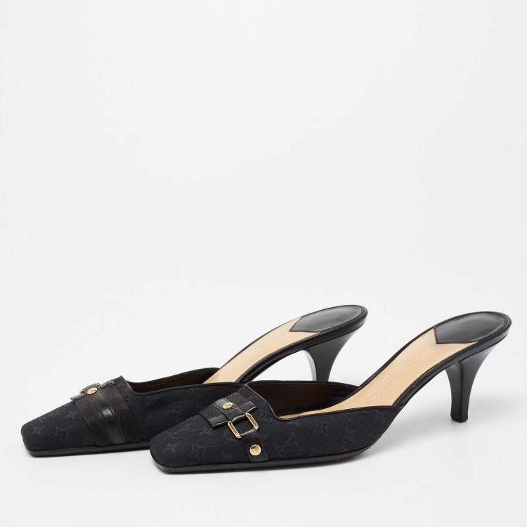 Pre Owned Louis Vuitton Black Monogram Canvas And Leather Slide Sandals Size 38.5