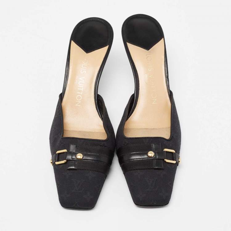 Pre Owned Louis Vuitton Black Monogram Canvas And Leather Slide Sandals Size 38.5