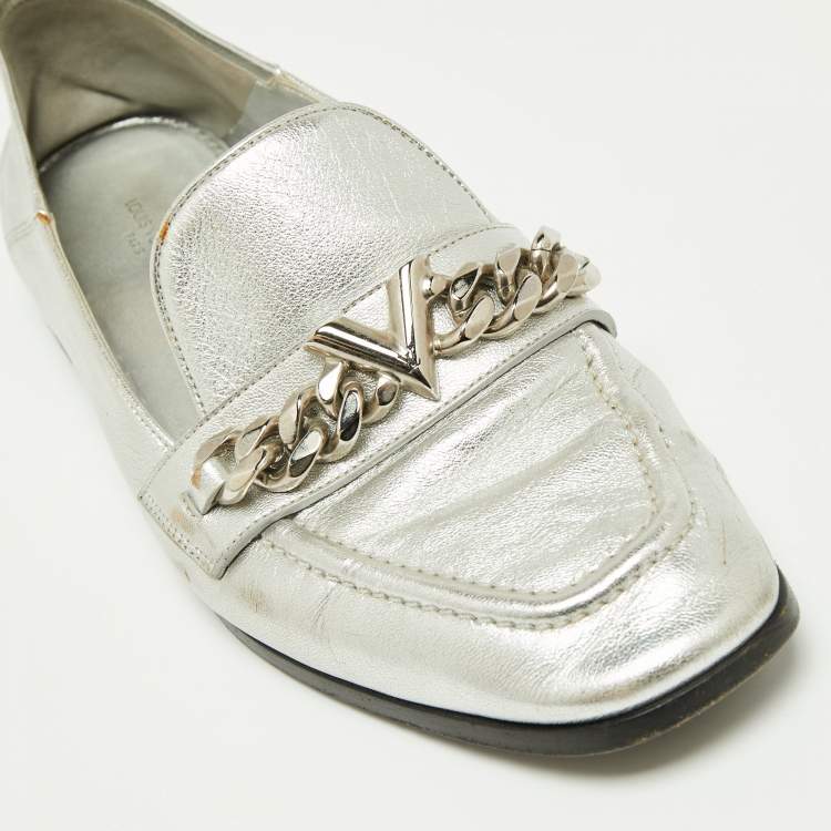 Pre Owned Louis Vuitton Silver Leather V Chain Embellished Loafers Size 38.5