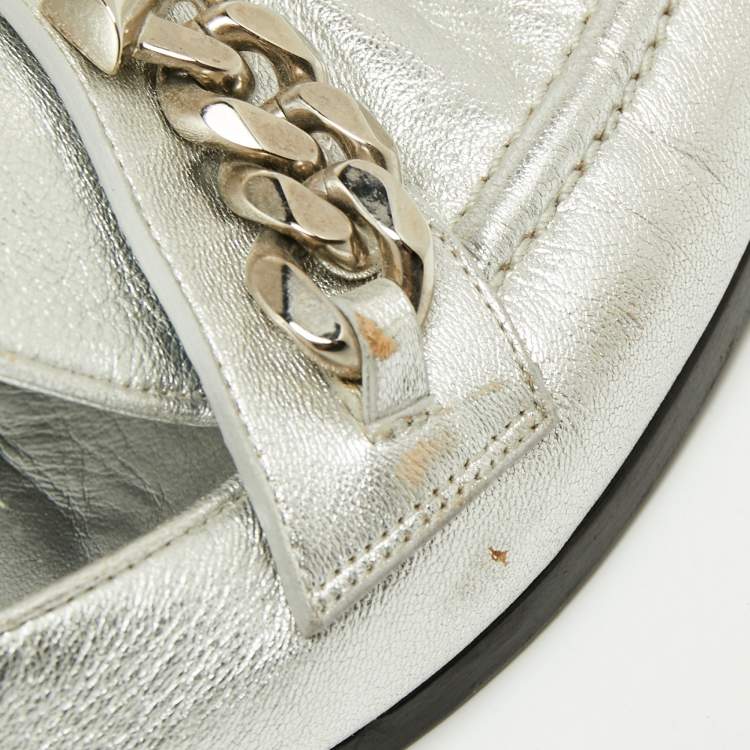 Pre Owned Louis Vuitton Silver Leather V Chain Embellished Loafers Size 38.5