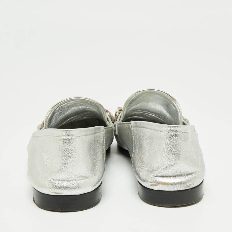 Pre Owned Louis Vuitton Silver Leather V Chain Embellished Loafers Size 38.5