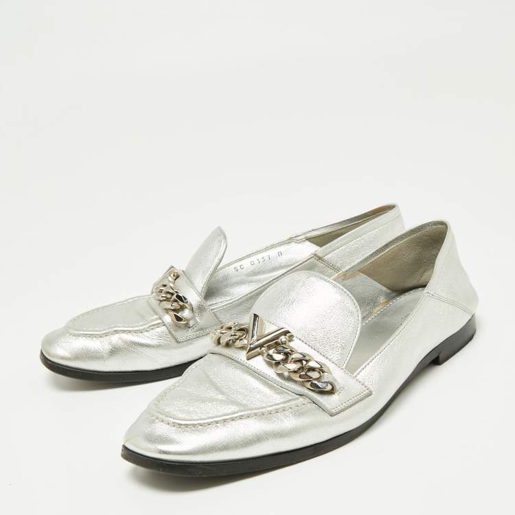 Pre Owned Louis Vuitton Silver Leather V Chain Embellished Loafers Size 38.5