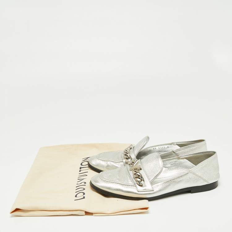 Pre Owned Louis Vuitton Silver Leather V Chain Embellished Loafers Size 38.5