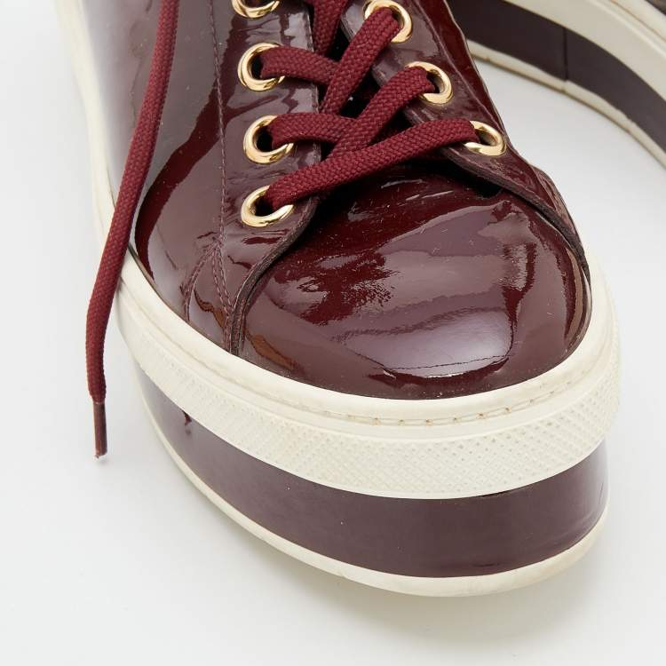 Pre Owned Louis Vuitton Burgundy Patent Leather Lace Up Platform Sneakers Size 38