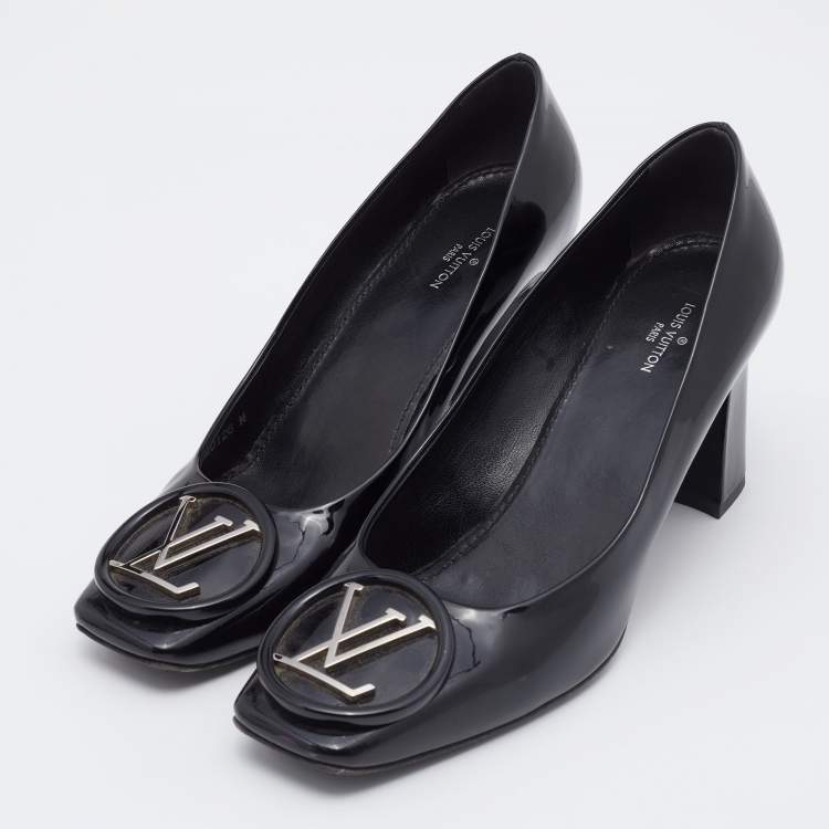 Louis Vuitton Black Patent Leather Madeleine Logo Block Heel
