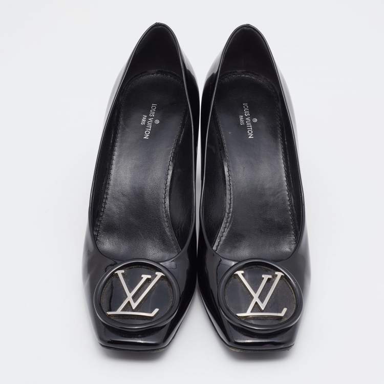 Pre Owned Louis Vuitton Black Patent Leather Madeleine Block Heel Pumps Size 38