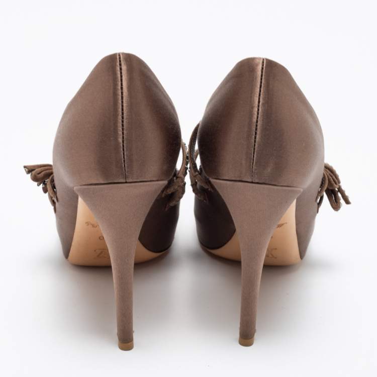 Pre Owned Louis Vuitton Brown Satin Crystal Embellished Peep Toe Pumps Size 40