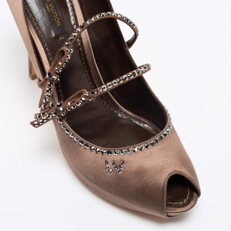 Pre Owned Louis Vuitton Brown Satin Crystal Embellished Peep Toe Pumps Size 40