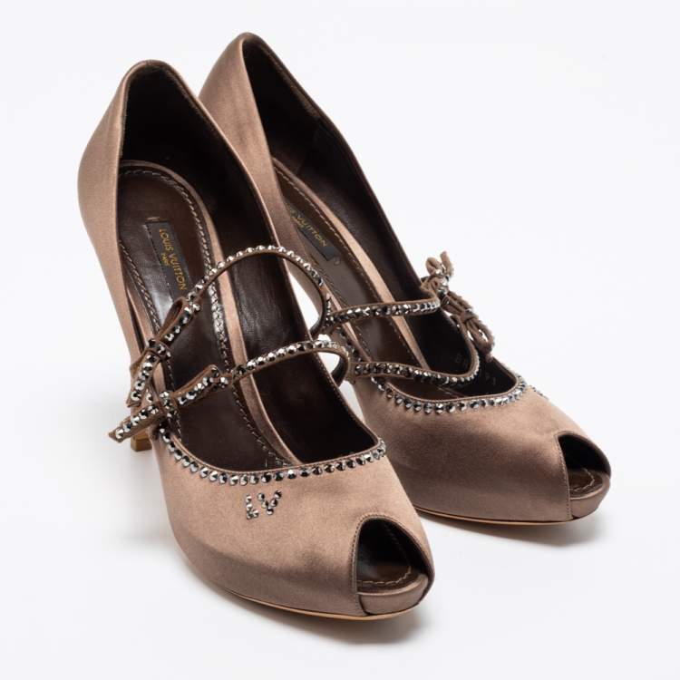 Pre Owned Louis Vuitton Brown Satin Crystal Embellished Peep Toe Pumps Size 40