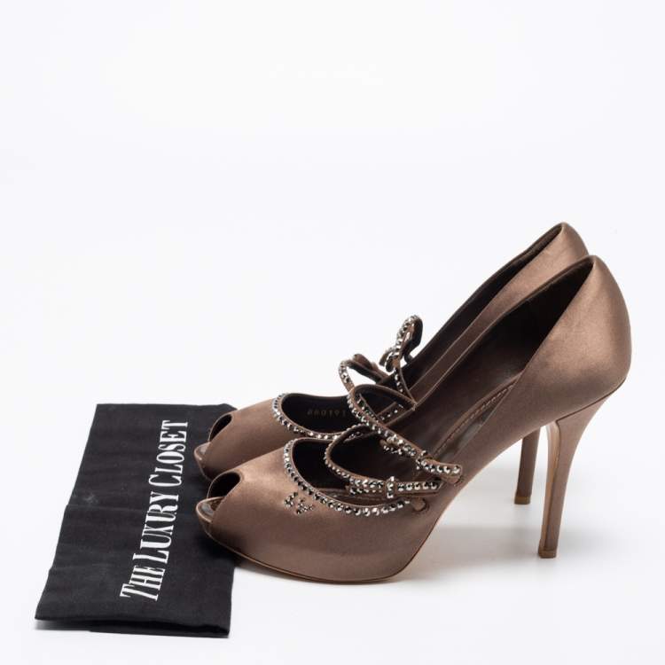 Pre Owned Louis Vuitton Brown Satin Crystal Embellished Peep Toe Pumps Size 40