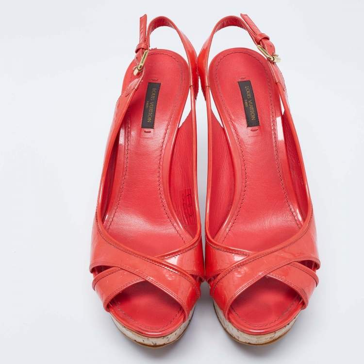 Pre Owned Louis Vuitton Rouge Grenadine Vernis Leather Pantheon Wedge Sandals Size 40.5