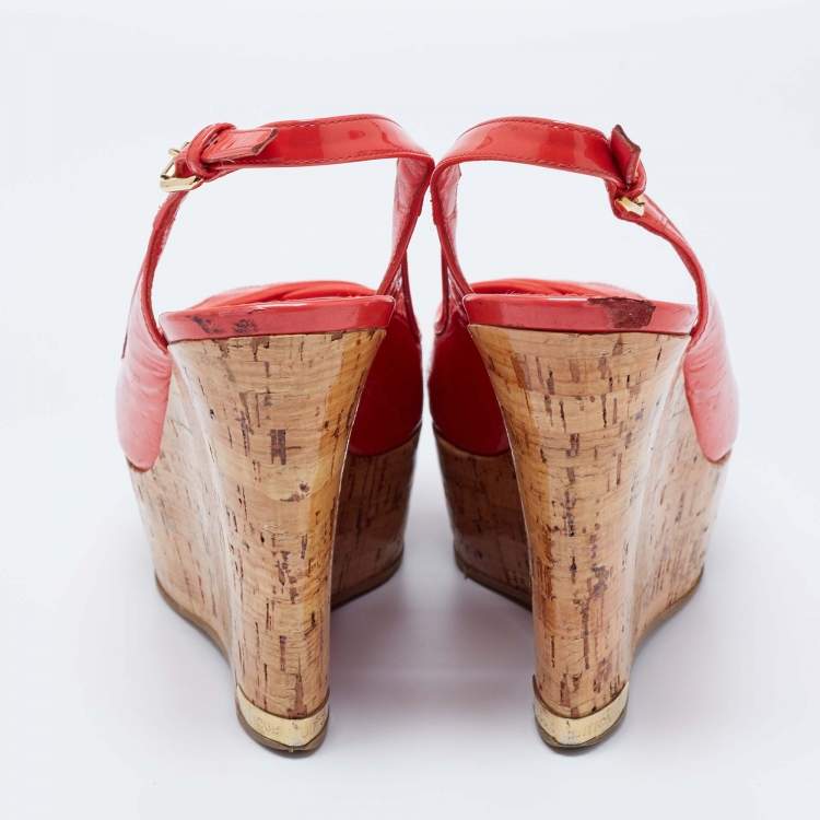 Pre Owned Louis Vuitton Rouge Grenadine Vernis Leather Pantheon Wedge Sandals Size 40.5