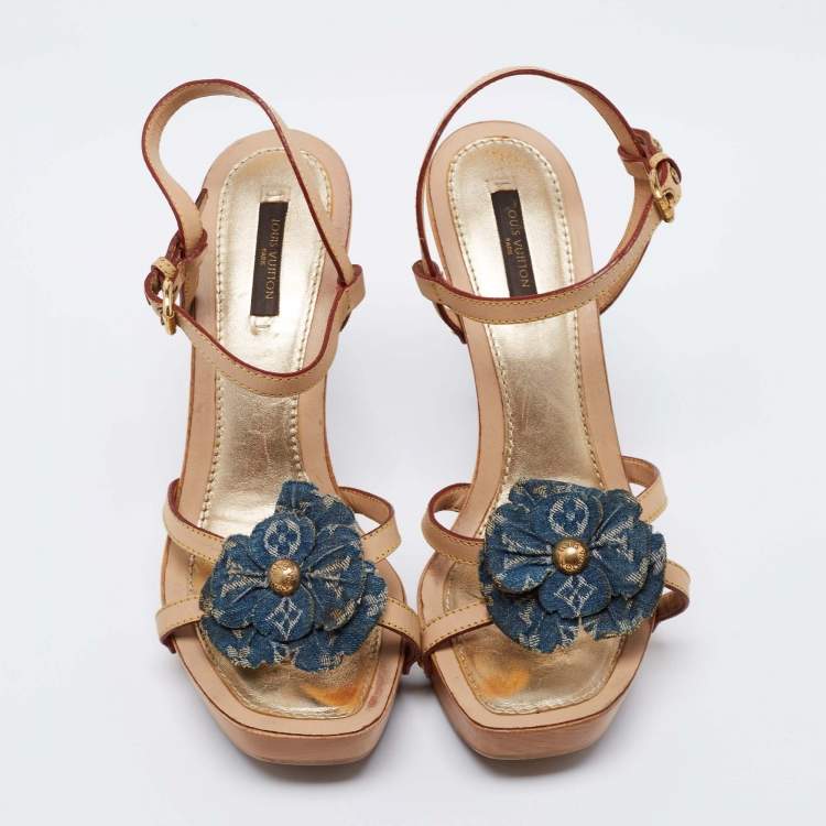 Pre Owned Louis Vuitton Tan Leather And Monogram Denim Floral Platform Strappy Sandals Size 38