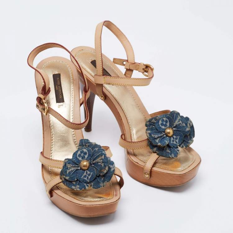 Pre Owned Louis Vuitton Tan Leather And Monogram Denim Floral Platform Strappy Sandals Size 38