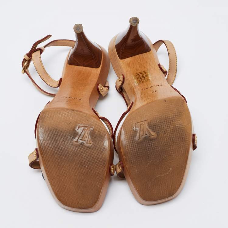 Pre Owned Louis Vuitton Tan Leather And Monogram Denim Floral Platform Strappy Sandals Size 38