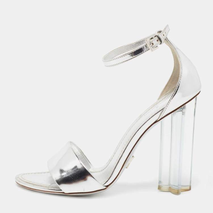 Pre Owned Louis Vuitton Silver Leather Ankle Strap Crystal Flower Sandals Size 38