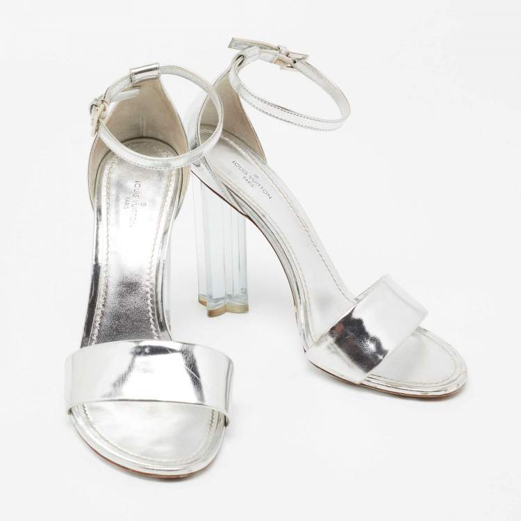 Pre Owned Louis Vuitton Silver Leather Ankle Strap Crystal Flower Sandals Size 38