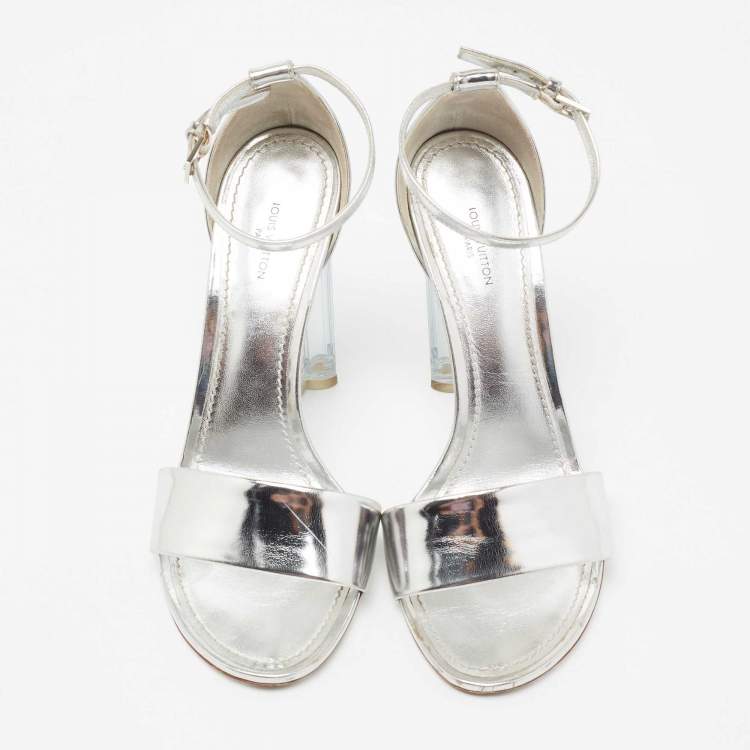Pre Owned Louis Vuitton Silver Leather Ankle Strap Crystal Flower Sandals Size 38