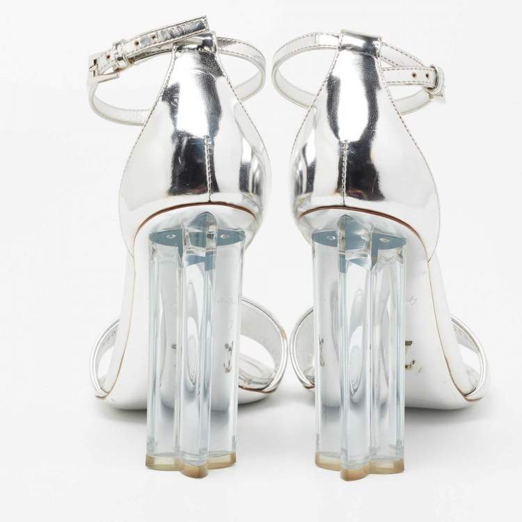 Pre Owned Louis Vuitton Silver Leather Ankle Strap Crystal Flower Sandals Size 38