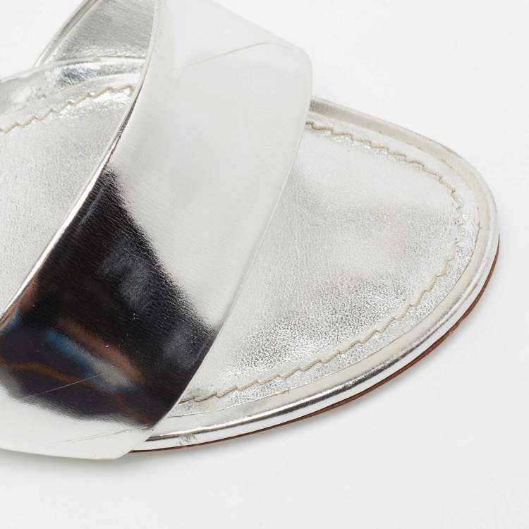 Pre Owned Louis Vuitton Silver Leather Ankle Strap Crystal Flower Sandals Size 38