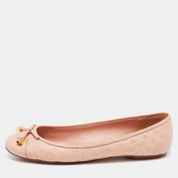 Pre Owned Louis Vuitton Light Pink Monogram Embossed Leather Bow Cap-Toe Ballet Flats Size 40.5