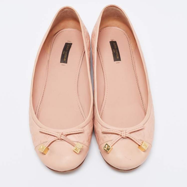 Pre Owned Louis Vuitton Light Pink Monogram Embossed Leather Bow Cap-Toe Ballet Flats Size 40.5
