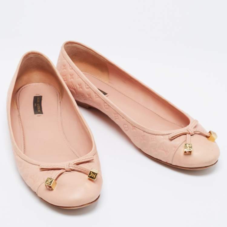 Pre Owned Louis Vuitton Light Pink Monogram Embossed Leather Bow Cap-Toe Ballet Flats Size 40.5