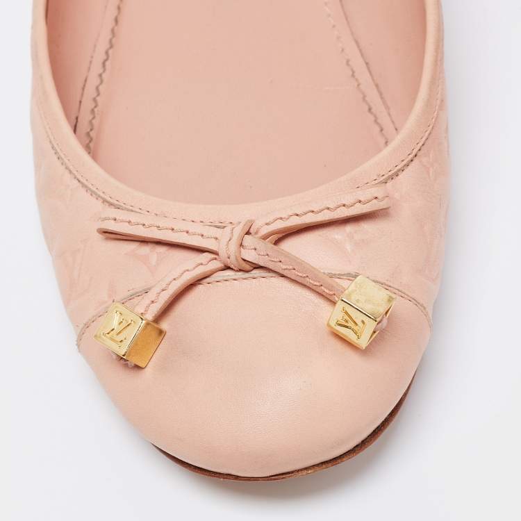 Pre Owned Louis Vuitton Light Pink Monogram Embossed Leather Bow Cap-Toe Ballet Flats Size 40.5