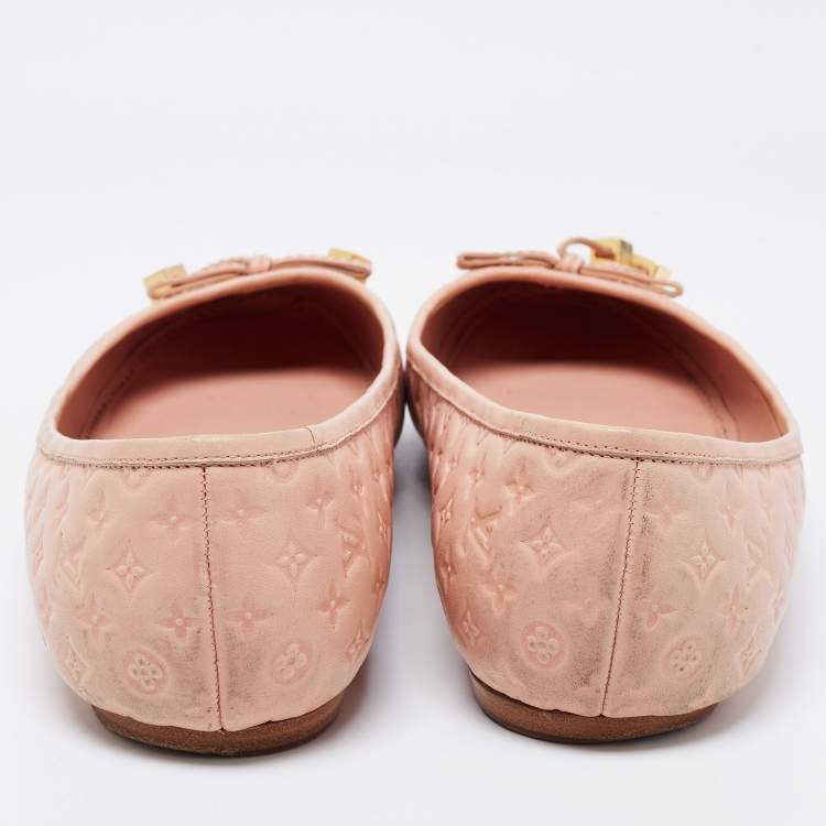 Pre Owned Louis Vuitton Light Pink Monogram Embossed Leather Bow Cap-Toe Ballet Flats Size 40.5