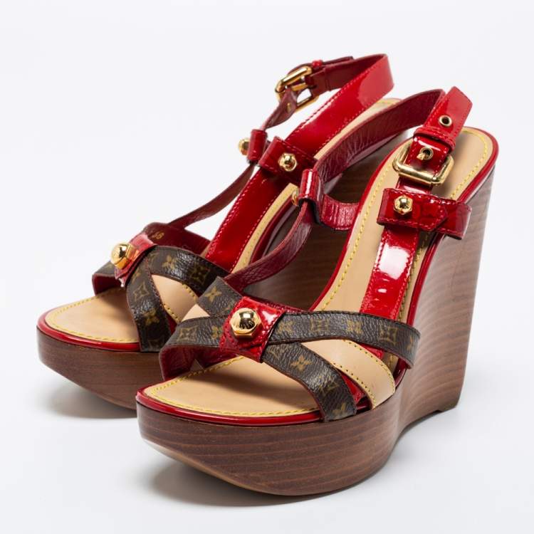 Louis Vuitton Red/Brown Patent Leather And Monogram Canvas Wedge