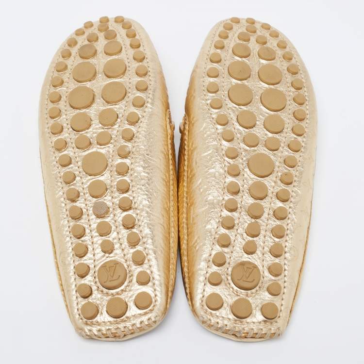 Pre Owned Louis Vuitton Metallic Gold Monogram Leather Gloria Flats Size 36.5