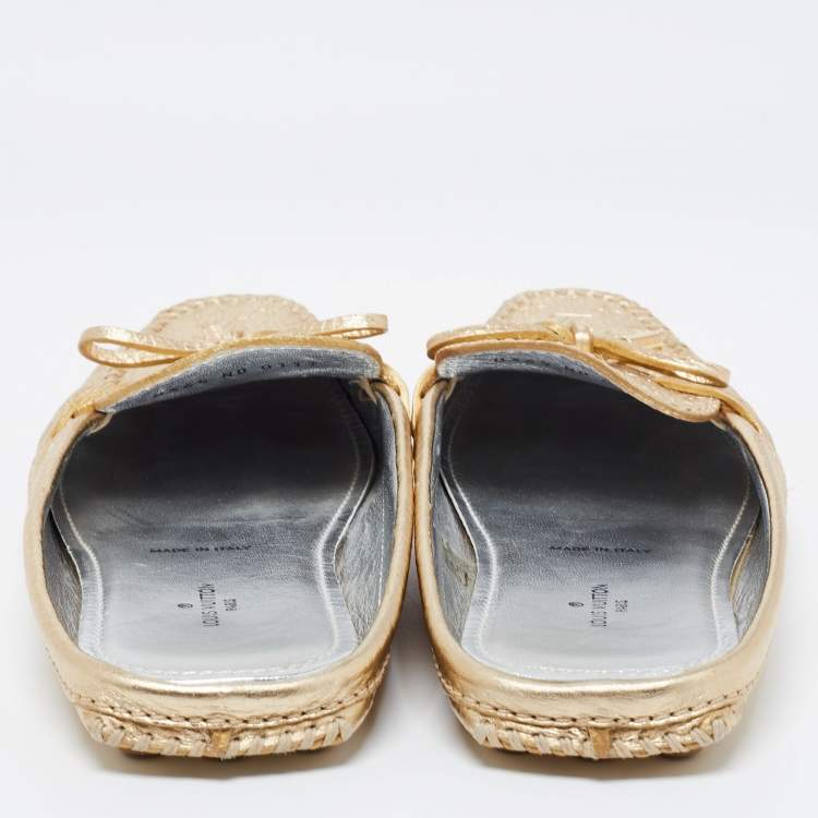 Pre Owned Louis Vuitton Metallic Gold Monogram Leather Gloria Flats Size 36.5