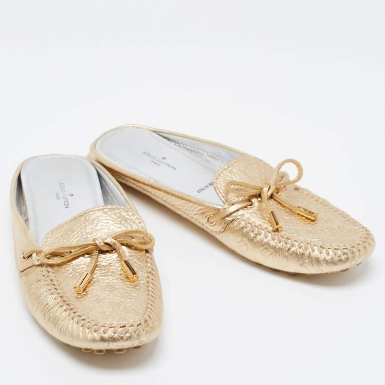 Pre Owned Louis Vuitton Metallic Gold Monogram Leather Gloria Flats Size 36.5