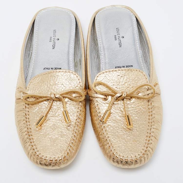 Pre Owned Louis Vuitton Metallic Gold Monogram Leather Gloria Flats Size 36.5