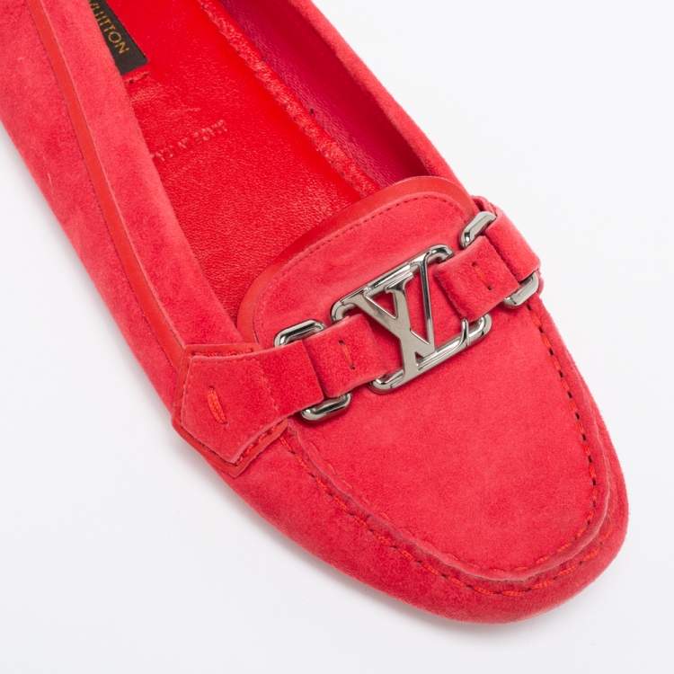 Pre Owned Louis Vuitton Red Suede Slip On Loafers Size 37