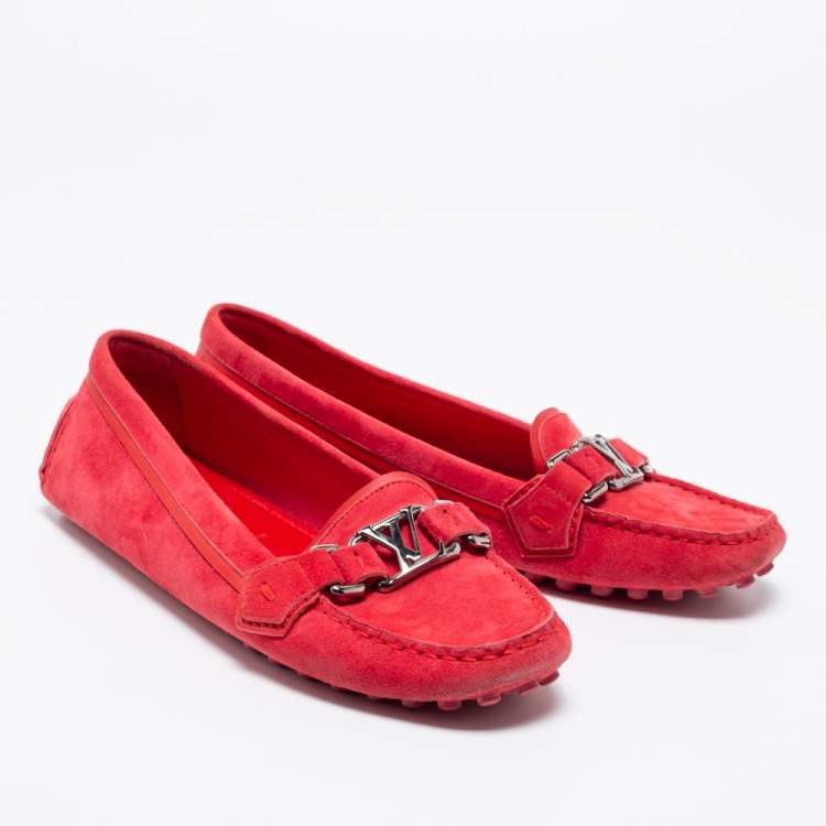 Pre Owned Louis Vuitton Red Suede Slip On Loafers Size 37