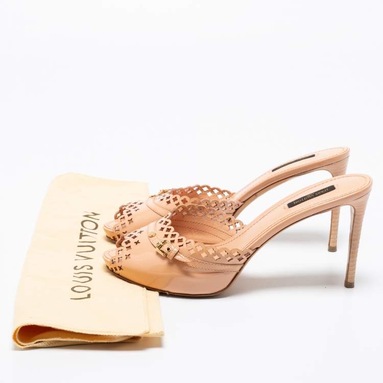 Pre Owned Louis Vuitton Peach Pink Patent Leather Monogram Cut-Out Peep-Toe Mules Size 39.5