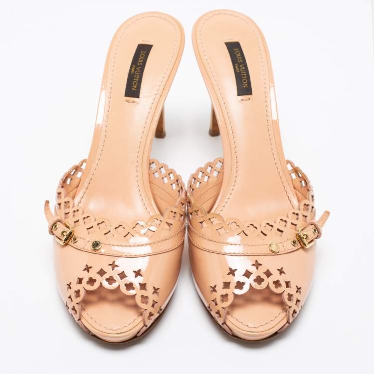 Pre Owned Louis Vuitton Peach Pink Patent Leather Monogram Cut-Out Peep-Toe Mules Size 39.5