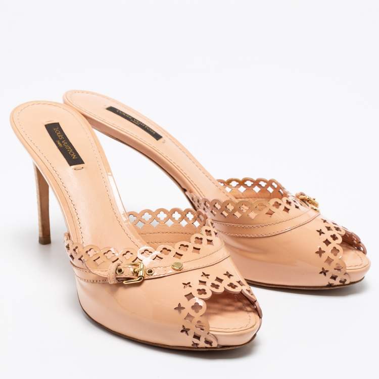 Pre Owned Louis Vuitton Peach Pink Patent Leather Monogram Cut-Out Peep-Toe Mules Size 39.5