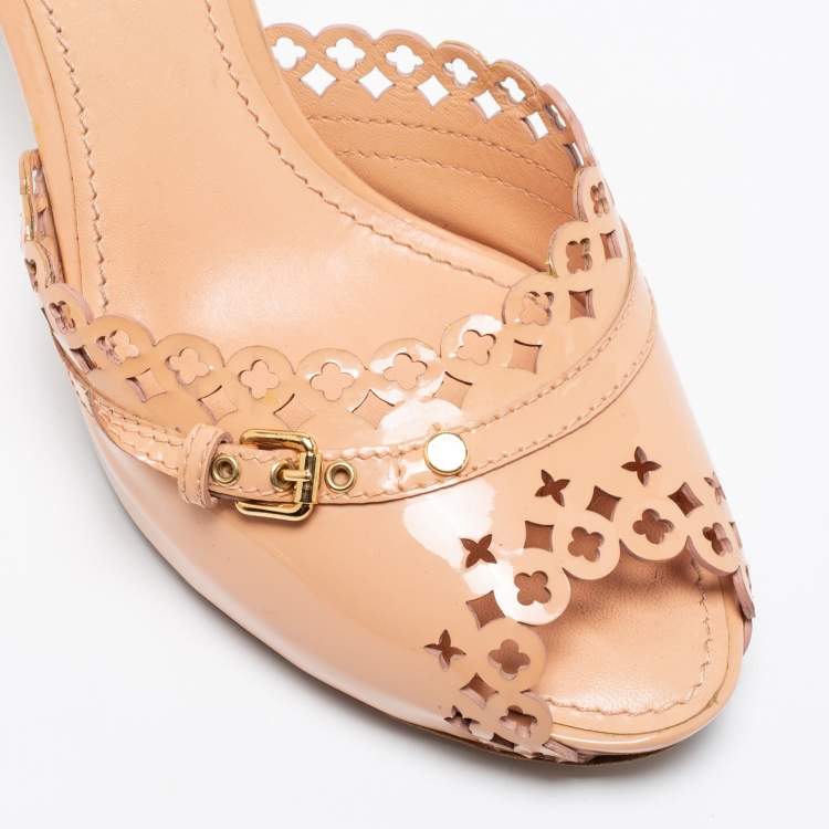 Pre Owned Louis Vuitton Peach Pink Patent Leather Monogram Cut-Out Peep-Toe Mules Size 39.5