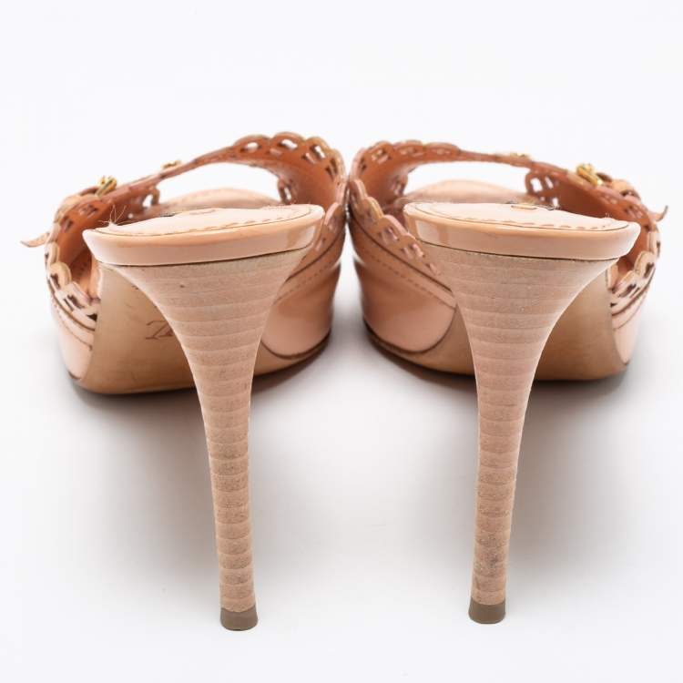 Pre Owned Louis Vuitton Peach Pink Patent Leather Monogram Cut-Out Peep-Toe Mules Size 39.5