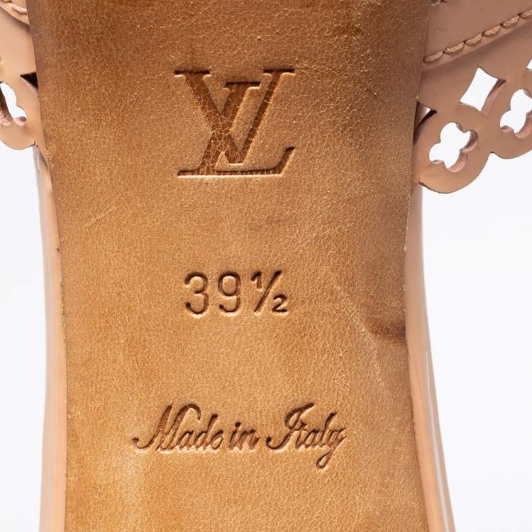 Pre Owned Louis Vuitton Peach Pink Patent Leather Monogram Cut-Out Peep-Toe Mules Size 39.5