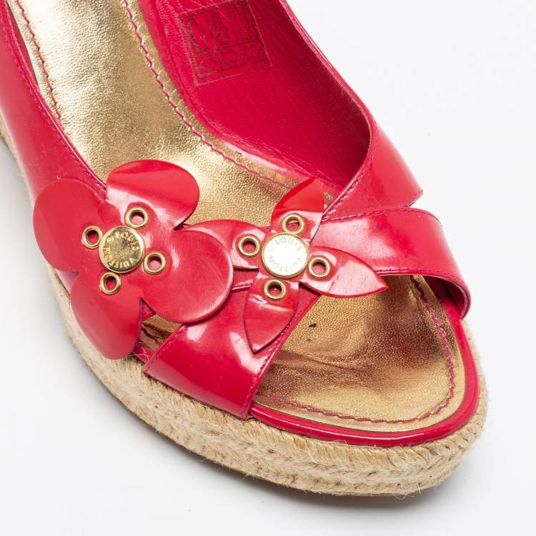 Pre Owned Louis Vuitton Hot Pink Patent Leather Floral Applique Espadrille Wedge Platform Slingback Sandals Size 41