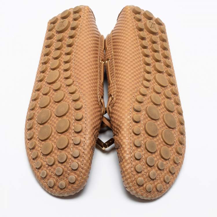 Pre Owned Louis Vuitton Light Brown Petit Damier Embossed Leather Gloria Bow Loafers Size 38.5