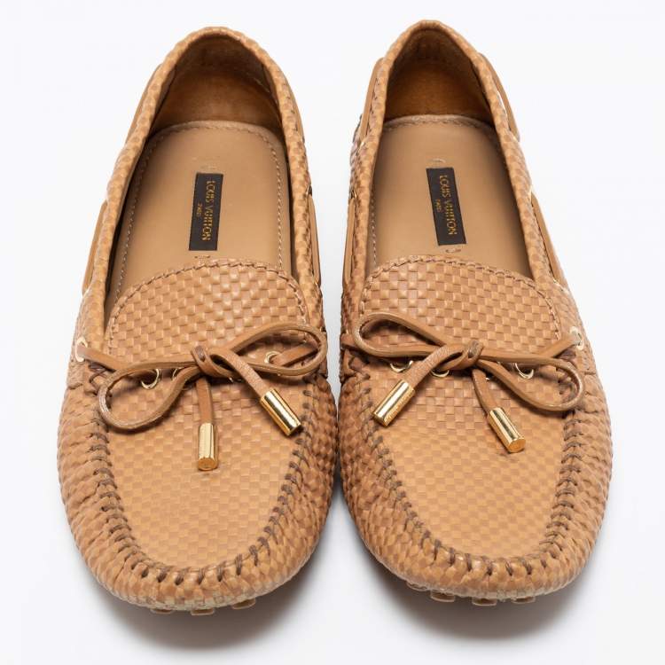 Pre Owned Louis Vuitton Light Brown Petit Damier Embossed Leather Gloria Bow Loafers Size 38.5